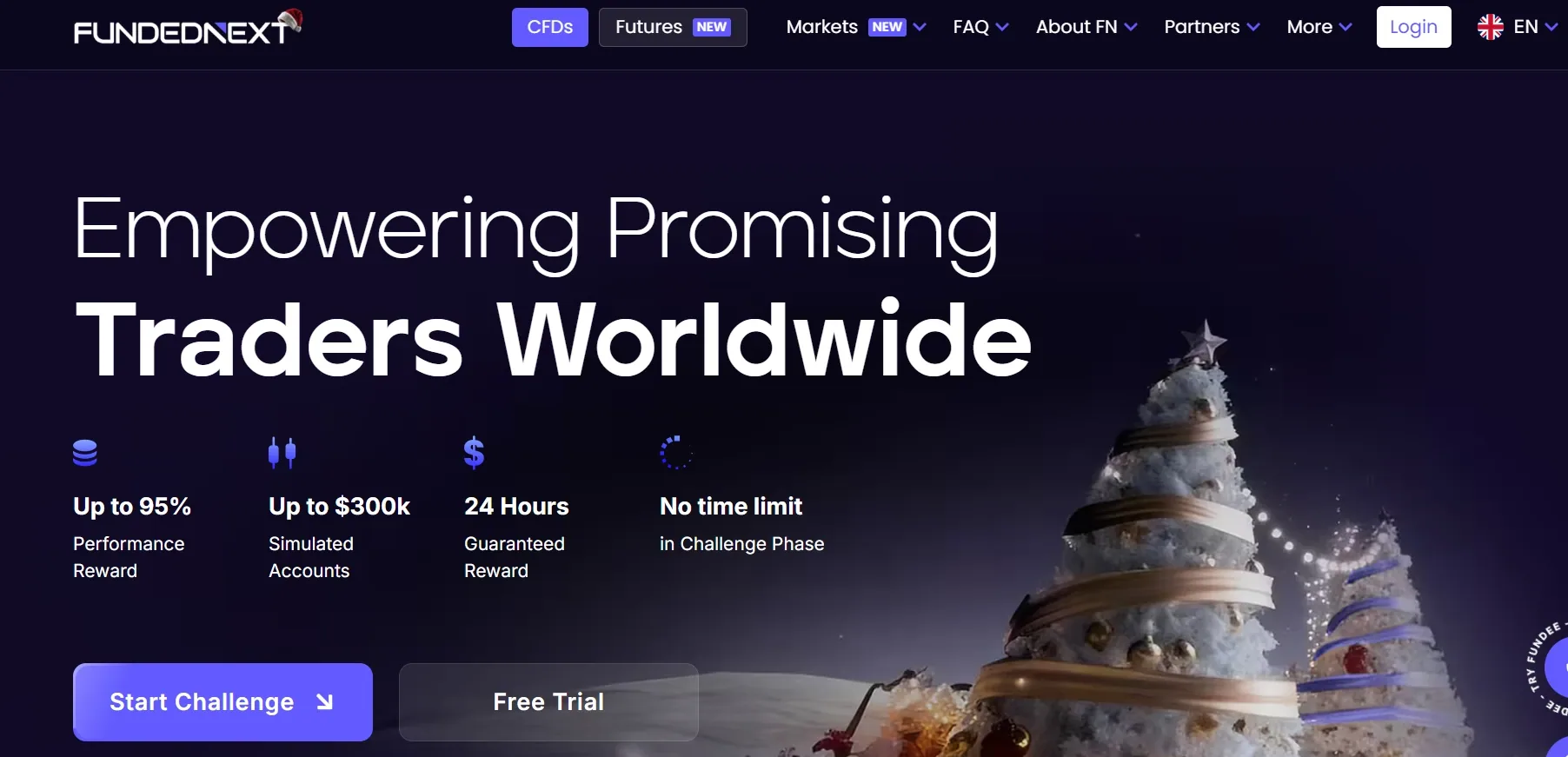 Homepage hero section for FundedNext with the headline ‘Empowering Promising Traders Worldwide,’ highlighting simulated trading accounts, high-performance rewards, no time limits and call-to-action buttons