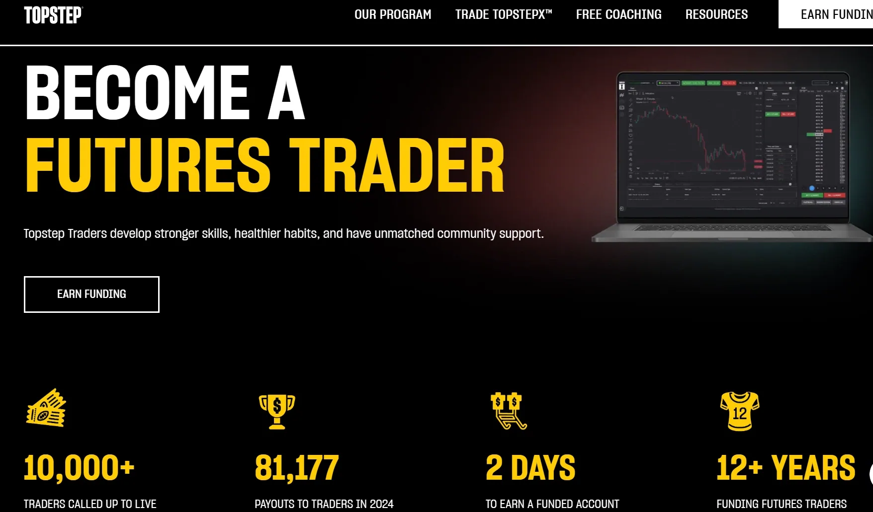 Homepage hero section for Topstep with the headline ‘Become a Futures Trader,’ highlighting earning funding opportunities, trading platform visuals and key stats about traders, payouts and experience