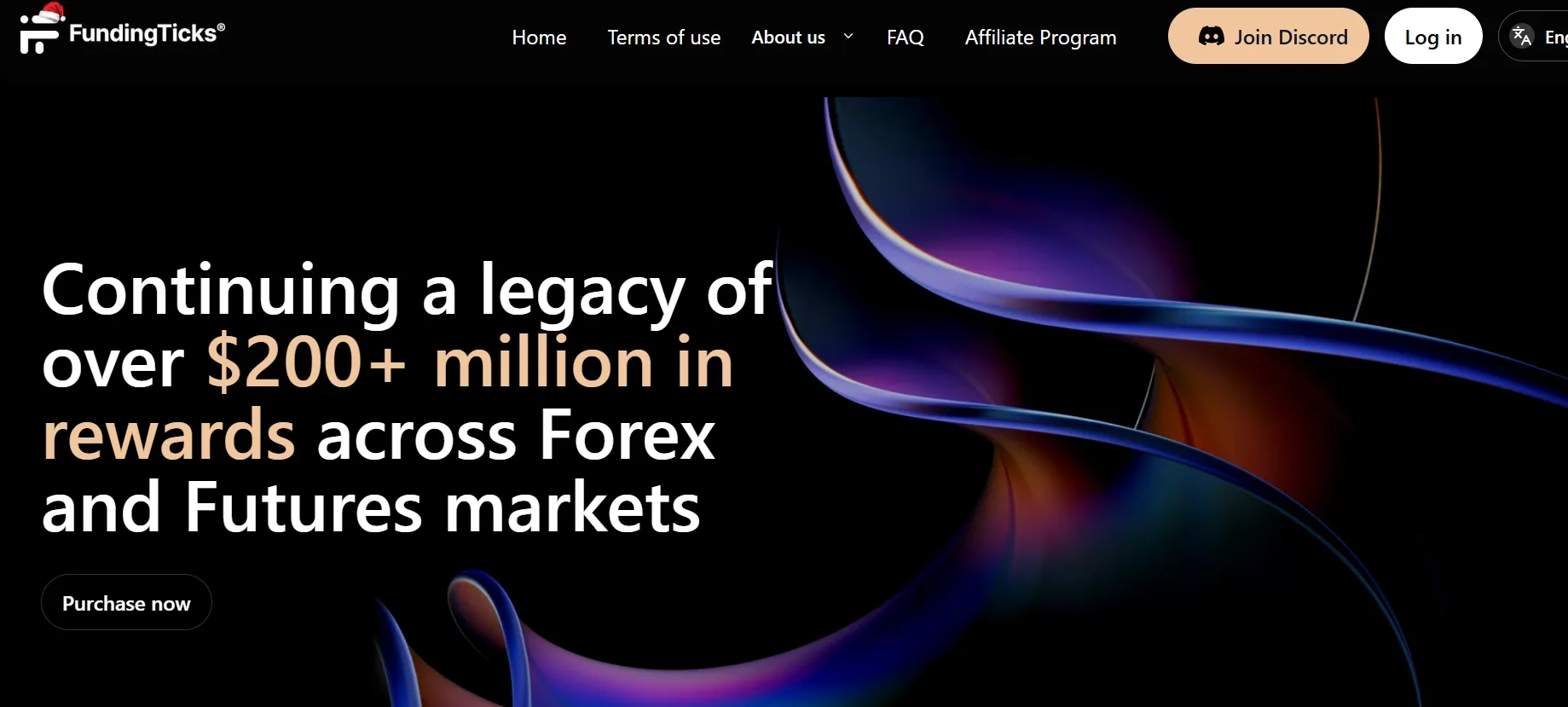 Homepage hero section for FundingTicks highlighting over $200 million in rewards across Forex and Futures markets, with a call-to-action button