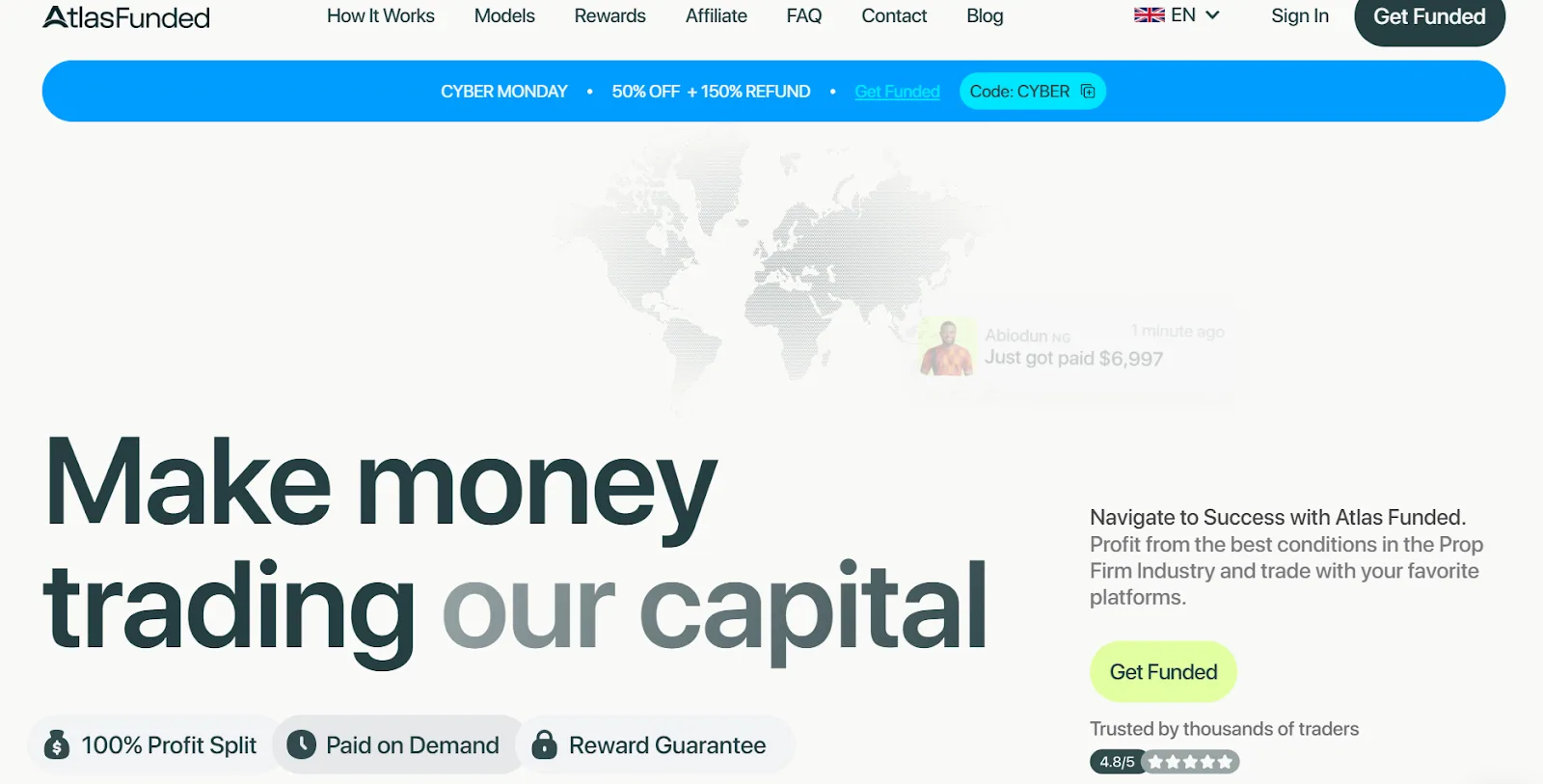 Atlas Funded homepage highlighting the platform’s unique selling points, how it works, and how it is trusted by users
