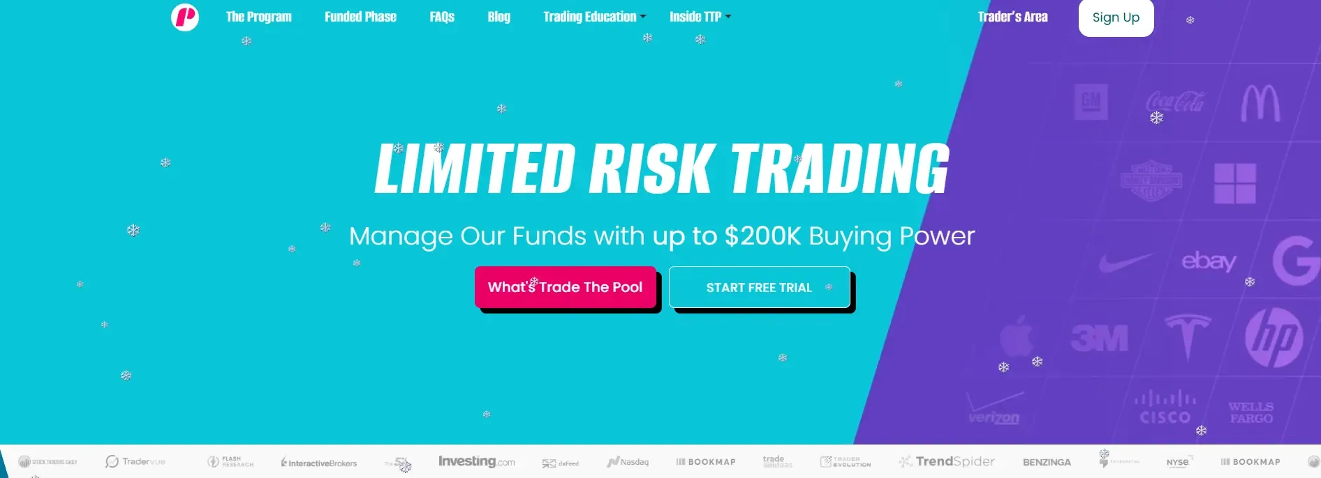 Trade the Pool homepage offering the user a chance to borrow up to $200,000, an explanation of their services, and the ability to start a free trial