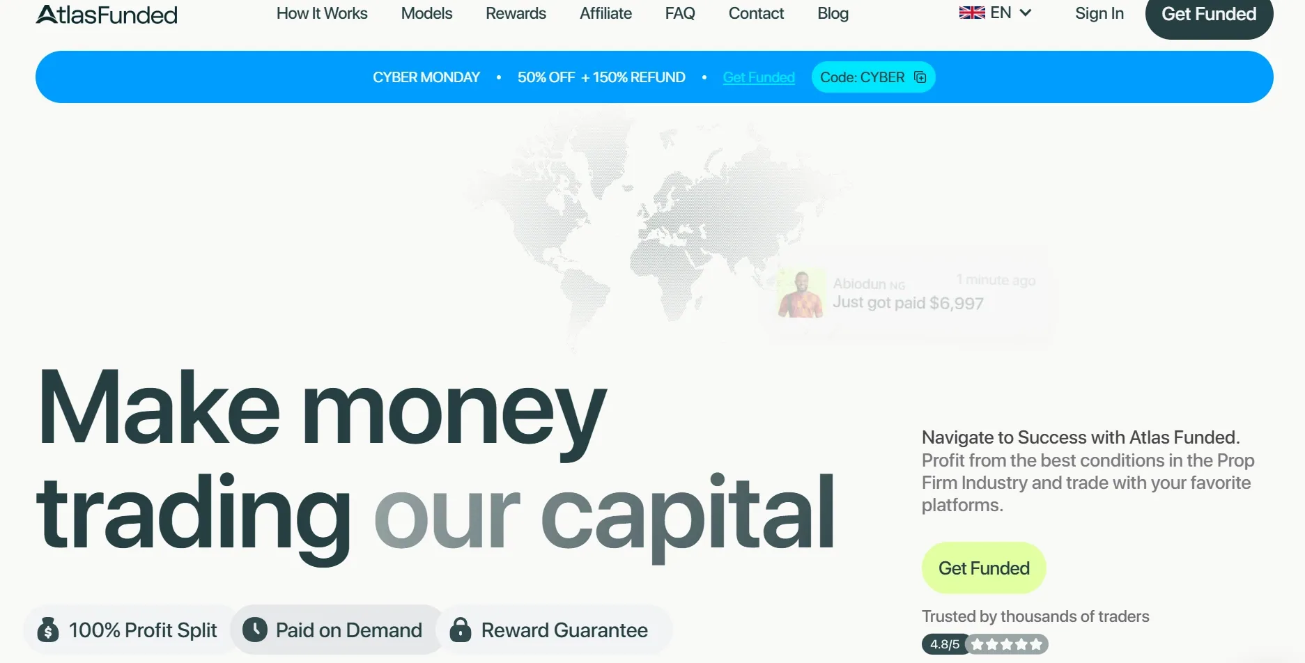 Atlas Funded homepage highlighting the platform’s unique selling points, how it works, and how it is trusted by users.