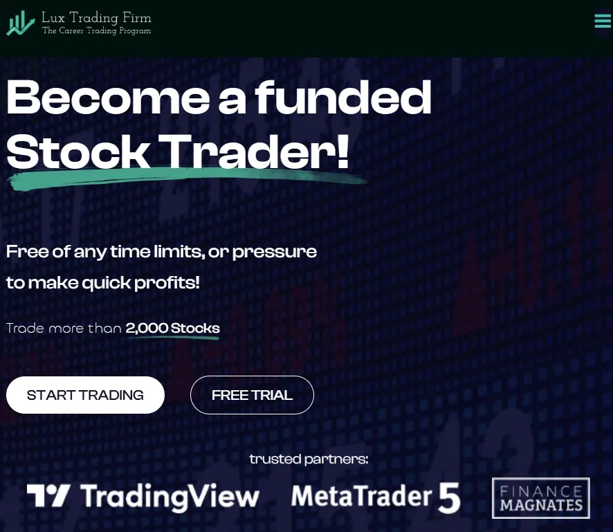 Lux Trading Firm homepage advertising its 2000+ stocks available, as well as a list of the various trading platforms they are partnered with