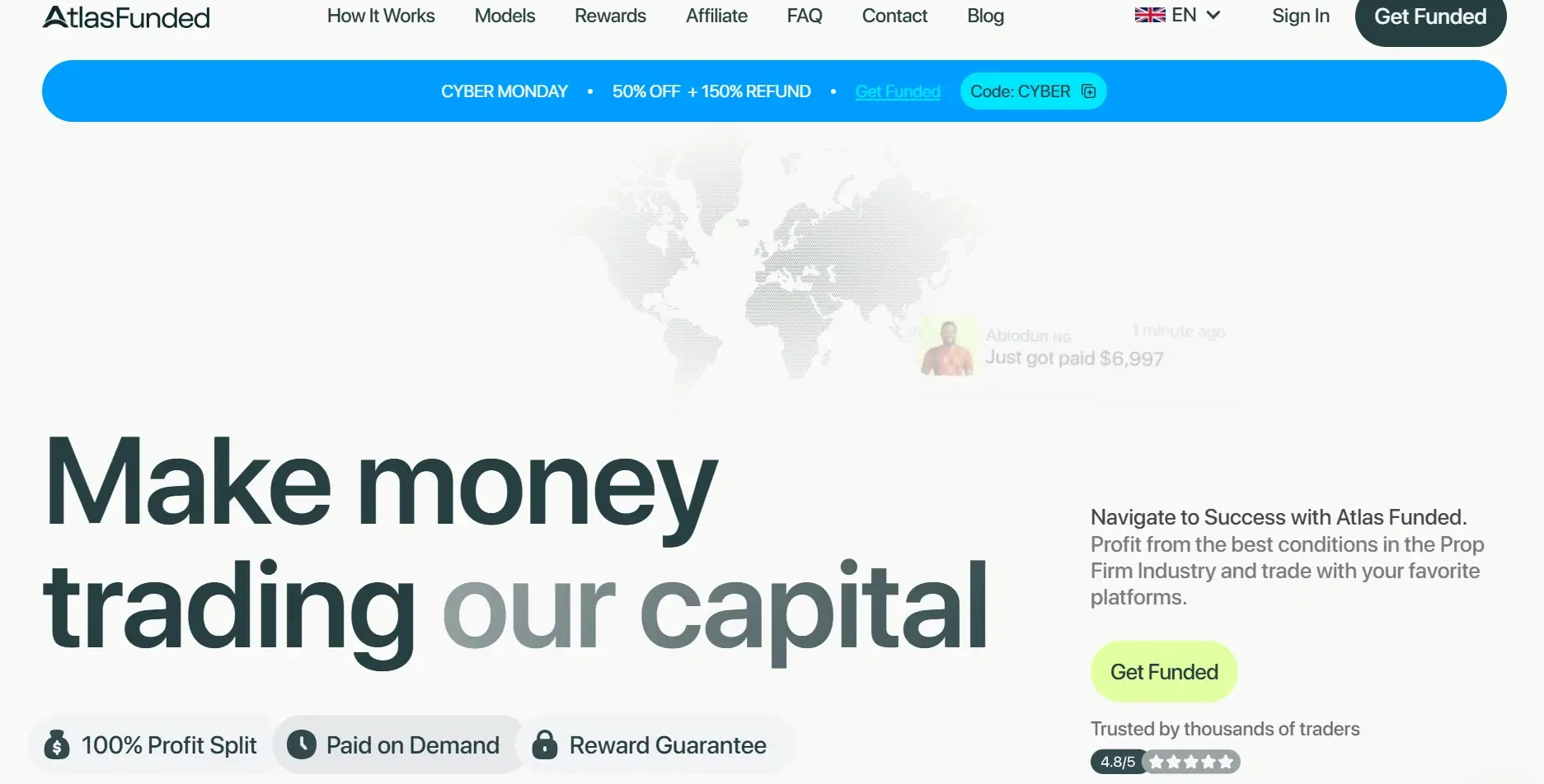 Atlas Funded homepage highlighting the platform’s unique selling points, how it works, and how it is trusted by users