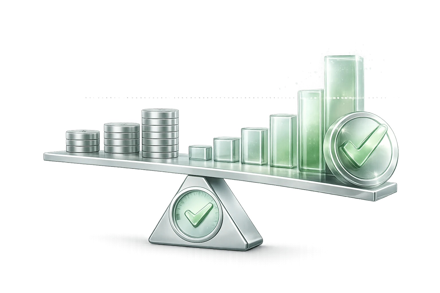 Una balanza inclinándose hacia una marca de verificación verde, que ilustra un payout aprobado
